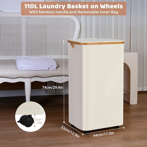 IEGrow Laundry Hamper with Wheels 110L Clothes Basket for Laundry,Beige - Image 2
