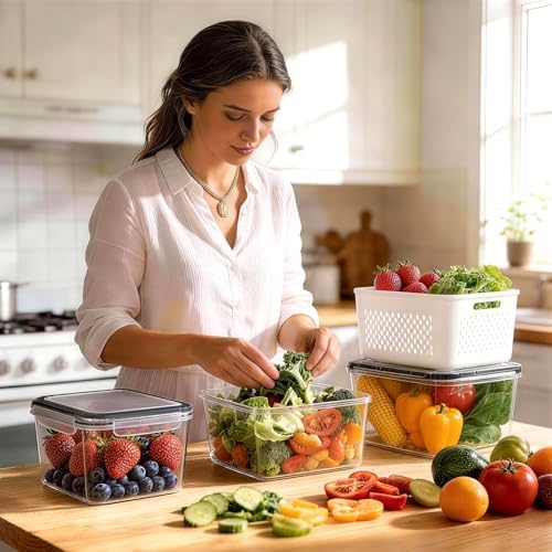 HOMETALL 5 Pack Fruit Storage Containers for Fridge Set, Fruit Washing Bowl with Strainer, Reusable Fridge Organizers and Storage for Berry Salad Lettuce, Size 4.5, 3.4, 1.8, 0.9, 0.4QT - Image 5