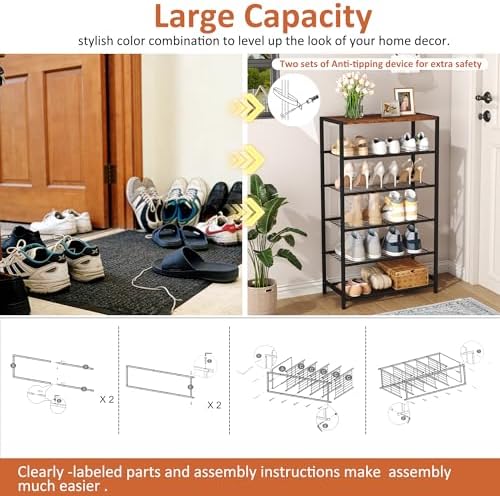 HOMEFORT Shoe Rack 6-Tier, Shoe Storage Shelf, Industrial Shoe Tower, Narrow Shoe Organizer for Closet Entryway, Small Shoe Rack Table with Durable Metal Shelves, Rustic Brown - Image 6