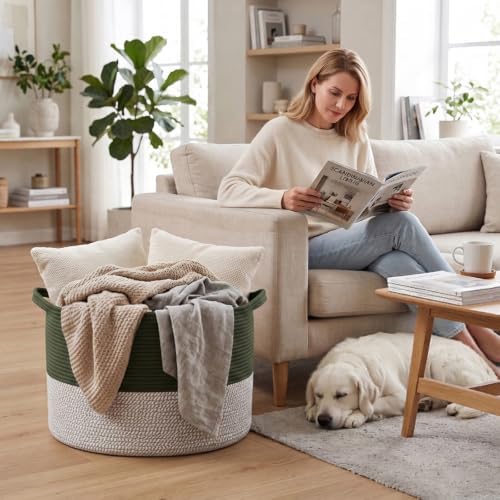90L Extra Large Blanket Basket,Woven Laundry Basket-Green&White - Image 4