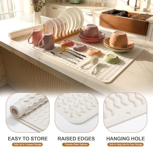 2 Pack Silicone Dish Drying Mat for Kitchen Counter Shower Caddy Rack Waterproof Under Sink Placemats Trivets Coffee Bar Accessories Household Essentials Extra Large 24"x18" Beige - Image 2