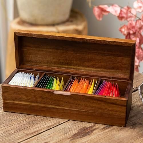 Acacia Wooden Tea Bag Organizers, Tea packet Storage Boxes, Tea Caddy for Tea Bags Chest, Teabag Holder Containers, Teabox Station Display, Organizador De Tes Caja Para Te, 4 Compartments - Image 4