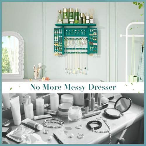 Emfogo Jewelry Organizer Hanging Wall Mounted Jewelry Holder, 5-in-1 Large Capacity Necklace Organizer Wall Hanging Jewelry Display for Ring, Necklaces, Bracelets, Earrings (Green) - Image 6