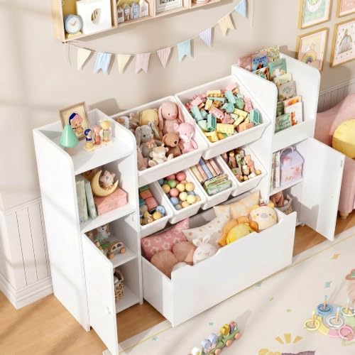 2 Pcs 55''W Storage Cabinet with Large Chest, Montessori Bookshelf, White - Image 4