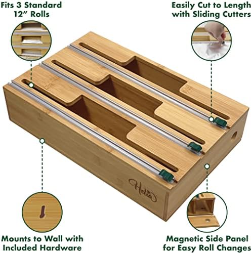 HELIA Bamboo Kitchen Wrap Organizer | Wall Mounting Solid Bamboo Foil and Plastic Wrap Dispenser with Sliding Cutters | Aluminum Foil and Plastic Wrap Dispenser with Cutter - Image 2
