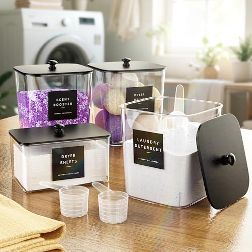 Moforoco 2 Pcs Laundry Pods Container, Clear Laundry Room Organization Containers,Large Detergent Powder Storage, Black Wooden Lids & Labels - Image 5