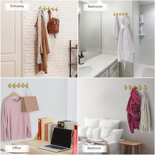 Brushed Gold Wall Mounted Coat Rack – 15 Inch Stainless Steel Rail with 5 Double Coat Hooks for Entryway, Bathroom, Bedroom, Kitchen – Modern Gold Hook Rack for Coats, Hats, Towels - Image 6
