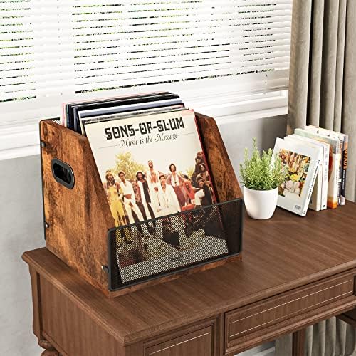 Homeiju Vinyl Record Storage, Record Box Case Crate, Vinyl Record Album Holder, Metal & Wooden LP Record Crate, Holds up to 60 Records - Image 3