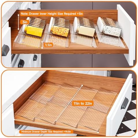 Yieach 8 Pack Adjustable In Drawer Spice Organizer - Expandable From 11'' to 22'' - Acrylic Drawer Seasoning Organizer,Clear Spice Organization Tray for Cabinet Drawers Condiment,Nail Polish and Jar - Image 6