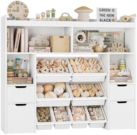 HORSTORS 55" W Toy Storage Organizer, Large Kids Bookshelf, Toy Box, White by HORSTORS