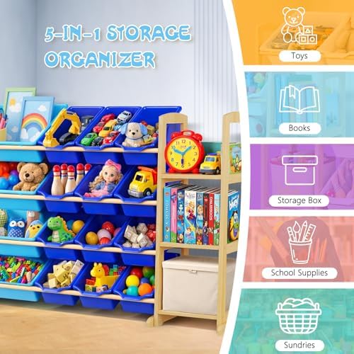 Kids Toy Storage Organizer with Bookshelf – Wooden Shelf with 16 Bins & 3 Shelves, Quick Assembly Storage Rack for Playroom, Bedroom, Nursery - Blue - Image 6