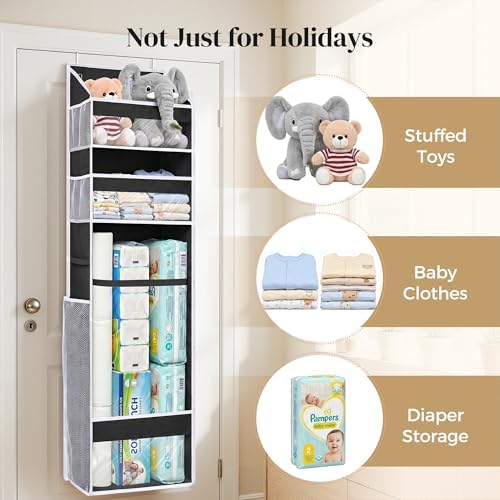 Wrapping Paper Storage Organizer – Over The Door Hanging Gift Wrap Holder for 15-30" Rolls, Space Saving Closet Organizer for Christmas, Halloween, Birthday with Side Mesh Pockets Black - Image 7