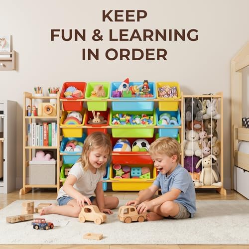 Toy Storage Organizer with Bookshelf and Stuffed Animal Storage - Playroom Organization with 3 Shelves and 16 Bins - Living Room Box for Collections - Nursery Bedroom Decor Essential - Image 2