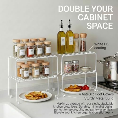 4-Pack Small (10.8x5.3inch) White Stackable Shelf Organizer Rack, Wire Shelf Rack for Kitchen Cabinet, Pantry, Desk Organization and Storage, Rustproof - Image 2