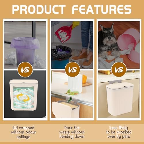 3 Pack Hanging Trash Can with Lid, Kitchen Compost Bin for Counter Top or Under Sink, Plastic Waste Basket Wall Mounted Garbage Can for Cupboard/Bathroom/Bedroom/Office/Camping (Cream) - Image 5