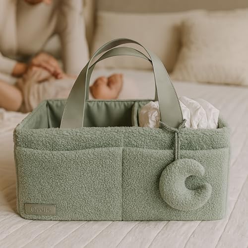 Orelle Bouclé Diaper Caddy Organizer with Matching Pouch & Moon Pendant | Teddy Portable Changing Table Organizer | Sage Green Diaper Caddy | Must-Have Baby Shower Gifts | Sage Green - Image 2