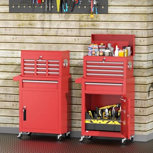 INTERGREAT Tool Chest, 5 Drawers Rolling Tool Chest with Detachable Top Tool Box, Tool Chests with Universal Lockable Wheels, Metal Tool Cart for Garage, Workshop, Barbershop, Red - Image 2
