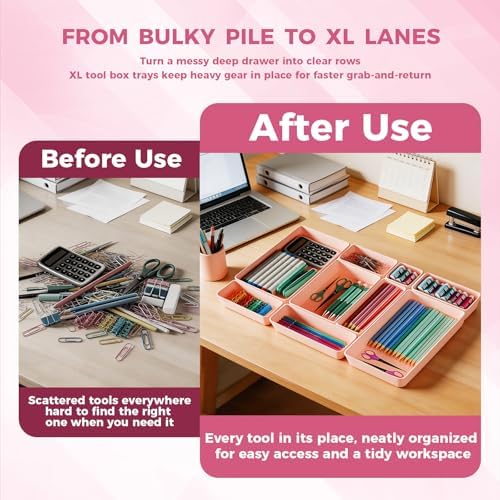 [6 PCS Extra-Large] Pink Drawer Organizer Trays with Non-Slip Pads, Interlocking Storage Bins for Vanity, Desk, Bathroom, Kitchen, Home Office and Utility Drawers - Image 6