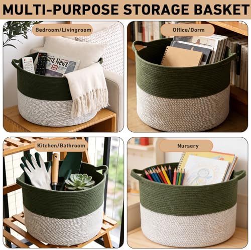 90L Extra Large Blanket Basket,Woven Laundry Basket-Green&White - Image 6