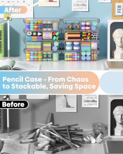 BiuLeon 8 Pack Large Pencil Box Set, Plastic Clear Pencil Case Marker Organizer, Crayon Box Craft Organizers, Stackable Storage Containers with Lid for Pen, Art and Craft Supplies(Gray—with dividers) - Image 6