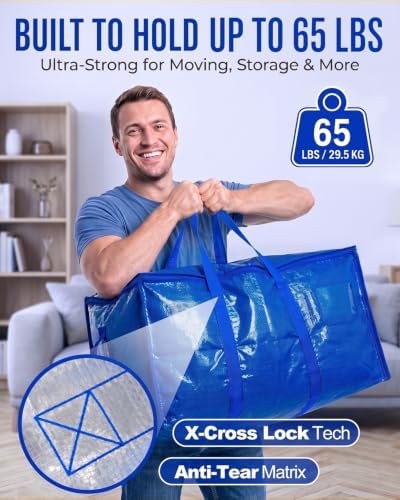 Moving Bags, 97L Heavy Duty Storage Bags Strong Handles & Zipper, 6-Pack - Image 3