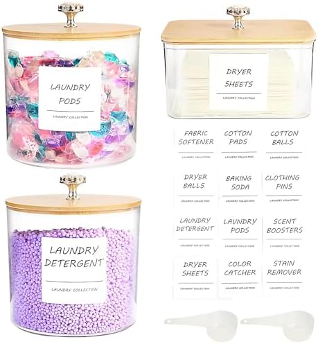 3 Pack Laundry Room Organization Storage Containers, Plastic Clear Laundry Pods Container & Dryer Sheet Holder Jars with Lids, Scoops & Labels for Detergent, Powder, Dryer Balls, Beads by Unknown