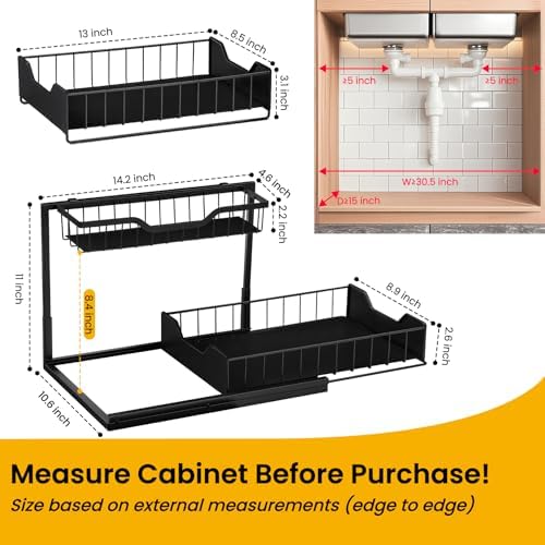 3 Pack, Under Sink Organizer 2-Tier with Slide Out Lower Drawer - Metal Pull Out Cabinet Organizer for Kitchen Bathroom, Includes Removable Center Basket & Storage Shelves, Space Saving Design - Image 2