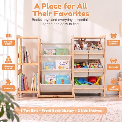 Kids Bookshelf & Toy Storage Organizer with 5 White Bins - Image 3