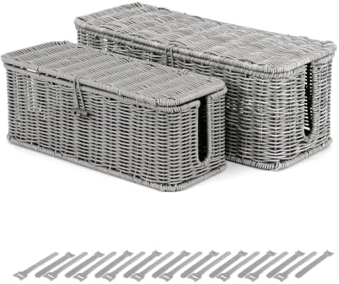 Cable Management Box, Cord Organizer with Lid & Cable Ties - Gray Set by BROWNLILY