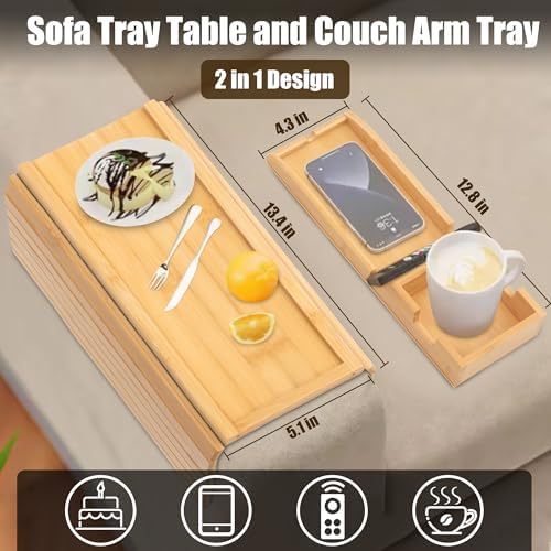 Bamboo Couch Cup Holder, Foldable and Anti-Slip Sofa Arm Table with Detachable Sofa Arm Organizer Tray, Portable 2 in 1 Sofa Armrest Tray for Drink, Coffee, Cup, Remote, Snacks, Cellphone, Glasses - Image 2