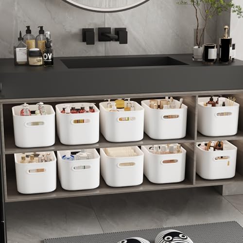 ORGIDOL 10 Pack White Plastic Storage Bins, Storage Container for Organizing, Storage Boxes with Handle for Shelves, Cute Organizer Bins for Craft, Snacks, Pantry, Cabinet, 9.69x6.7x5.7 inch - Image 4