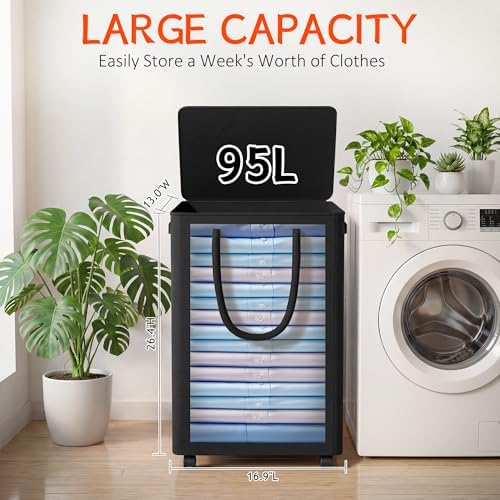 Slim Laundry Hamper with Wheels,25 Gal (95L) Rolling Laundry Basket with lid and wheels Clothes Hamper Foldable Tall Dirty Clothes Basket Sturdy Collapsible Clothes Hamper for Dorm,Laundry Room - Image 2