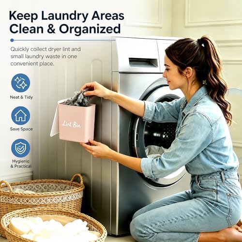 Magnetic Lint Bin with Lid for Laundry Room, Compact Plastic Dryer Lint Holder, Small Laundry Trash Container for Dryer Lint & Used Dryer Sheets, Space Saving Storage Decor Organizer (Pink) - Image 5