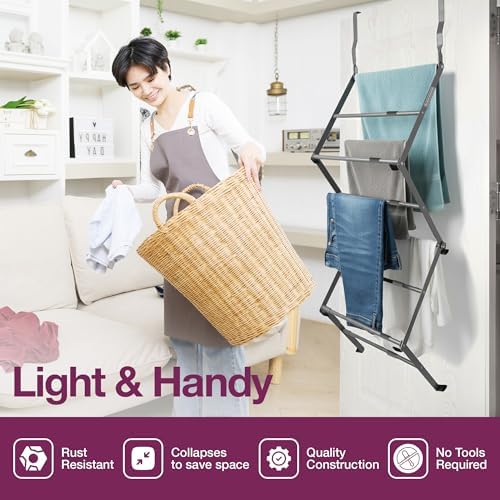 BLACK+DECKER Over The Door Expandable Telescopic Drying Rack, Clothes Organizer, Towel Hanger, Laundry, Collapsible, Gray - Image 7