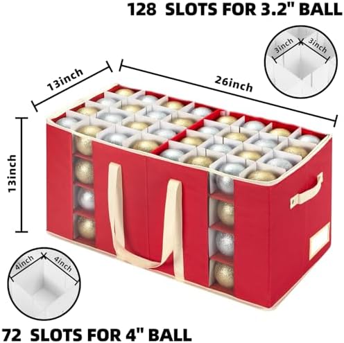 Christmas Visible Ornament Storage Box with Adjustable Dividers/Side Pockets,Ornaments Organizer with Zipper, Storage Container Bin for Christmas Decorations(128 Ball, Red, without Tray) - Image 2