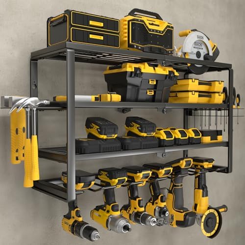YYR 4 Layer Power Tool Organizer Wall Mount, Cordless Drill Hanger Storage Rack, Battery Tools Holder with Charging Station Shelf for Garage Organization, Workshop, Pegboard, Shed - 24 Inch 6 Slots by YYR