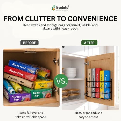 Evelots Kitchen Wrap Organizer - Hold up to 4 Plastic, Foil, Paper, Wax - Cabinet Door, Wall Rack Basket - Sandwich, Freezer, Food Bag Storage - Laundry Supplies - Black - Image 3
