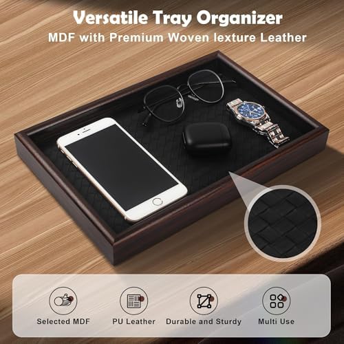 Wooden Valet Tray with Leather Base - Nightstand Catchall Organizer for Cologne, Perfume, Keys, Wallet, Phone, Watch, Jewelry & Sunglasses (Black) - Image 3