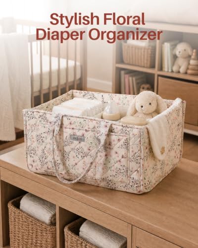 Large Floral Diaper Caddy Organizer Nursery Storage Basket, Gift for Baby Shower Diaper Bag Baby Registry Must Have Newborn Essentials, Beige Floral - Image 4