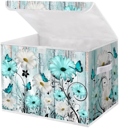 Briwooody Blue Daisy Storage Bin with Lid and Carrying Handle Floral Butterfly Foldable Storage Box Large Farmhouse Decorative Collapsible Container Basket for Organizing Closet Home Bedroom Gift by Briwooody