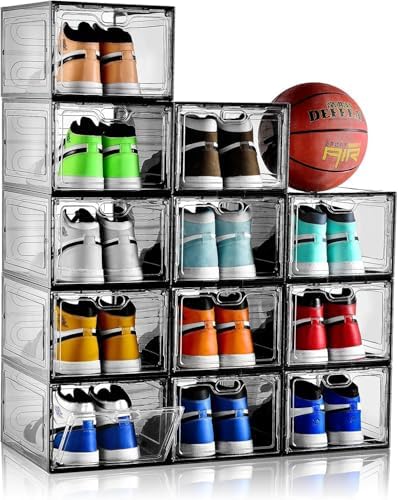 INSTY 12 Pack Gray Transparent Shoe Storage Organizer, Stackable Shoe Boxes for Closet, Drop Front Plastic Shoe Box with Grey Door, Easy to Assemble, Fit up US Size 12(13.4”x 9.8”x 7.1”) by INSTY