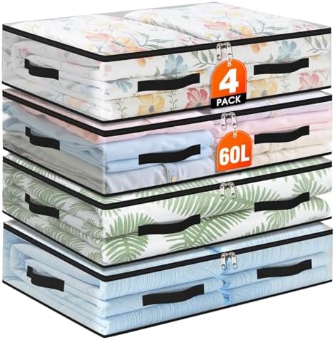 4 Pack Under Bed Storage Bags, 60L Foldable Clear Containers with Handles by Unknown