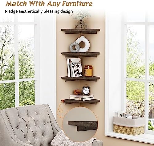 Forbena Floating Corner Shelves for Wall Set of 4, Small Corner Bookshelf for Bedroom Books, Round Wooden Corner Shelf Wall Mount for Bathroom Plants, Kitchen, Living Room Decor (Dark Brown) - Image 5