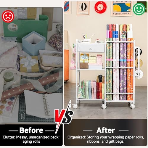 Aquzee Wrapping Paper Storage, Rolling Gift Wrap Station, 9 Adjustable Rod Design, Vertical Wrapping Paper Storage Cart, Ribbon Organizers and Gift Bag Storage, 12 PCS Slap Bands, White - Image 6