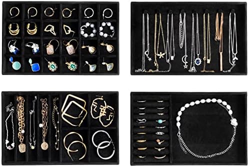 ProCase Stackable Jewelry Organizer Trays for Drawers, Jewelry Drawer Inserts Container Display Case Storage for Earring Necklace Rings Bracelet with Removable Dividers -Allblack, 4 Layers by ProCase