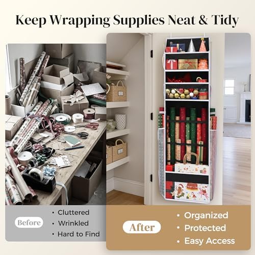 Wrapping Paper Storage Organizer – Over The Door Hanging Gift Wrap Holder for 15-30" Rolls, Space Saving Closet Organizer for Christmas, Halloween, Birthday with Side Mesh Pockets Black - Image 2