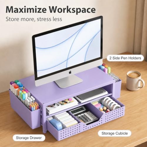 ECOLOVI Desk Organizer and Accessories, 2-Tier Computer Monitor Stand Rise with Storage Drawer & 2 Pen Holders, Laptop & Printer Stand for Desktop, Workspace Organizers for Office Supplies (Purple) - Image 3