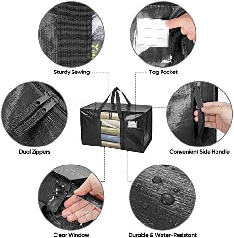 BALEINE 2-Pack Oversized Moving Bags with Reinforced Handles, Heavy-Duty Storage Tote Moving Supplies for Packaging, Camping (Black w/Window, 2-Pack) - Image 3