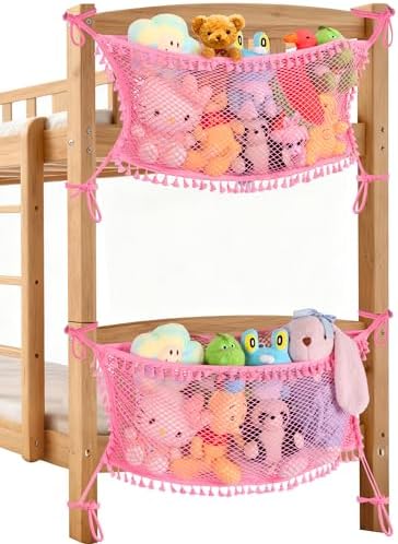 Stuffed Animal Storage Net, Large Bedside Toy Organizer Net, Cotton Plushie Toy Storage Hammock with Tether for Stuffed Animals Room Organization (Pink, 2 Pack) by erogeen