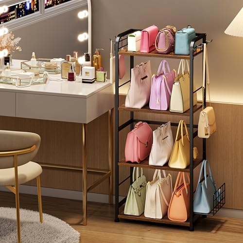 koozuuyk 4-Tier Purse Organizer for Closet with 3 Side Hooks and 2 Baskets, High Capacity Purse Rack Stand for Purse Storage, Metal & Wood Handbag Holder for Handbag Organizer, Patent Pending - Image 7